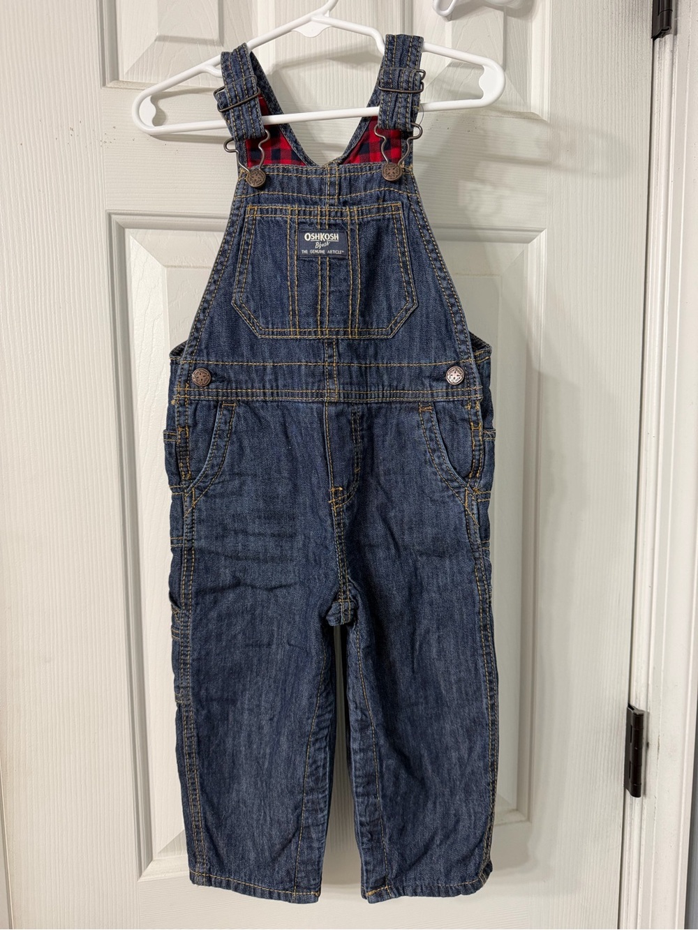 OshKosh B'gosh Dark Blue Denim Overalls with Red Plaid Trim